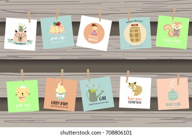 Blue pink collection for banners,Placards with bear,girl,fox,ice cream,cup cake and squirrel