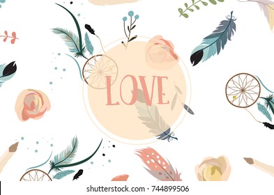 Blue pink collection for banners,Placards with feather,wreath and rose