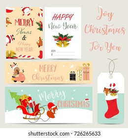 Blue pink collection for banners,Placards with Santa Claus,gift box,bell,star,reindeer,sock and christmas tree