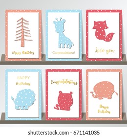 Blue pink collection for banners,Placards with tree,giraffe,fox,lion,bear and elephant