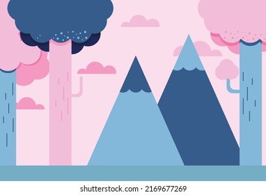 blue and pink color jungle background of trees and mountain for children book flat vector design