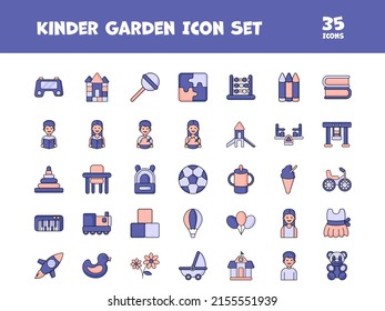 Blue And Pink Color Set Of Kindergarten Flat Icons.