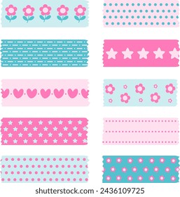 Blue and Pink Color Washi Tape With Cute Patterns Vector Collection