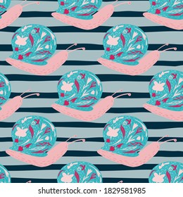 Blue and pink colored snail silhouettes seamless pattern. Stylized wildlife artwork on striped background. Fauna print. For fabric design, textile print, wrapping, cover. Vector illustration.
