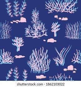 blue, pink corals on a blue background. Vector seamless pattern with tropical reef.