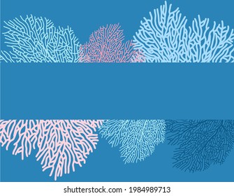 Blue and pink corals on a blue ocean background with a field for your text. Vector template for postcard, brochure, invitation and other designs.