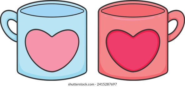 Blue and Pink Couple Mugs Heart Illustration