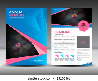 Blue and pink cover design, Annual report template, business brochure flyer, infographics elements, poster, leaflet, newsletter, booklet, magazine ads, vector, presentation, polygon background