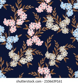 Blue Pink And Cream Seamless Floral Vector Small Flowers With Brown Leaves Pattern On Navy Background