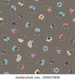blue pink and cream seamless vector flowers with leaves pattern on grey background