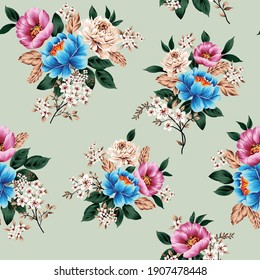 blue pink and cream vector flowers bunches with leaves pattern on green background