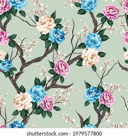 blue pink and cream vector flowers with green and cream leaves pattern on green background
