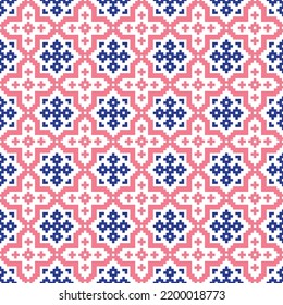 Blue and pink cross-stitch knitting pattern on white background. Blue and pink square dots on white backdrop. Colored fabric pattern design for sale. Knitting handicraft art.