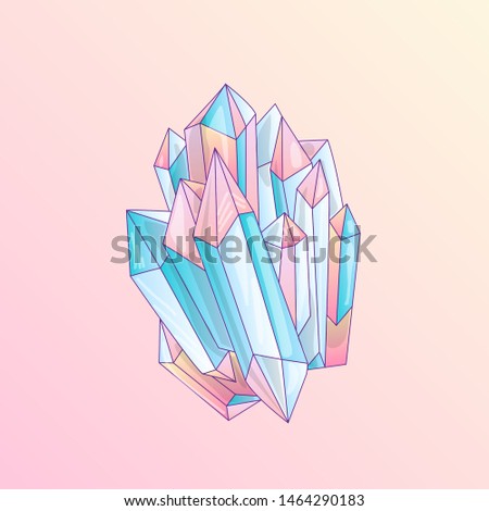 Blue and pink crystal, cartoon cute vector Quartz illustration. Quartz Crystal druse, pink princess grain on pink background. Cartoon red semiprecious stones of blue Quartz, cute bright princess