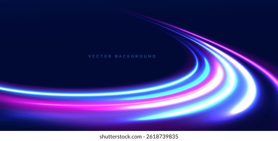 Blue and pink curved neon beams on dark blue background. High speed motion moving concept. Vector illustration
