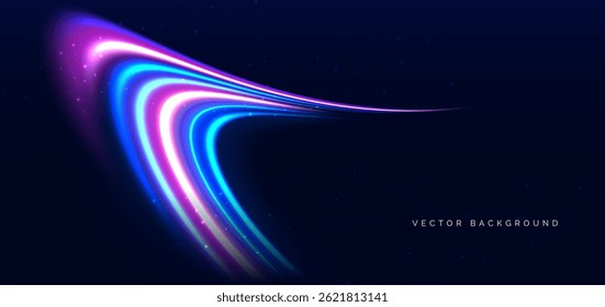 Blue and pink curved neon beams on dark blue background. High speed motion moving concept. Vector illustration
