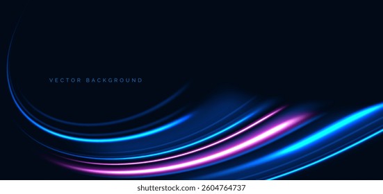 Blue and pink curved rays glowing on dark background. Speed motion moving concept. Vector illustration