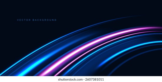 Blue and pink curved rays glowing on dark background. Speed motion moving concept. Vector illustration