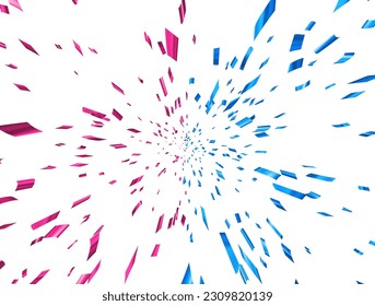 Blue and pink cut out ribbon perspective confetti background. Flying in cosmos with high speed effect. Design element. Vector illustration.