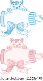 Blue and pink cute cat with baby milk bottle