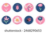 blue and pink cute vector set of logo design templates, icons and badges for social media highlight with cute plants, flowers and insects