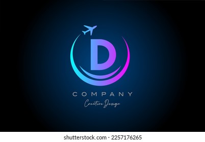 blue pink D alphabet letter logo with plane for a travel or booking agency. Corporate creative template design for business and company