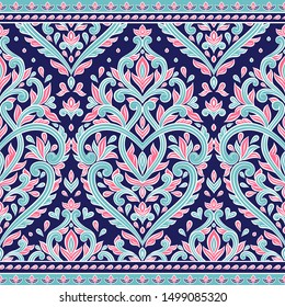 Blue and pink decorative seamless pattern with beautiful floral ornaments. Traditional Turkish, Indian motifs. Great for fabric and textile, wallpaper, packaging or any desired idea.