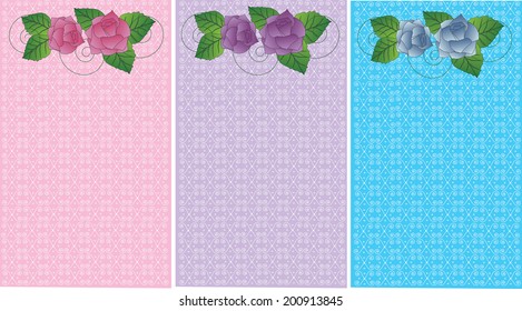 blue, pink, and blue designs/Three patterns with flowers/Backgrounds and flowers are saved on separate layers. Design any event with backgrounds and flowers