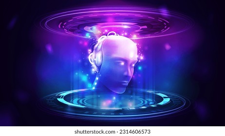 Blue and pink digital podium with hologram digital rings in dark room with artificial Intelligence computer database concept with neural network in form of cybernetic face inside podium