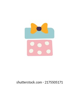 Blue pink doodle gift box icon, colorful silhouette with bow ribbon isolated on white background. Wrapping paper pattern, kids drawing sketch style. Birthday present package Merry Christmas drawing