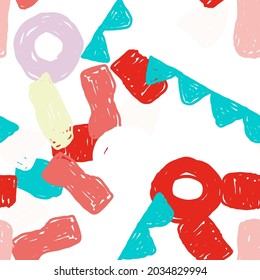 Blue And Pink Doodle Vector Seamless Pattern. Color Abstract Form Illustration. Motley Organic Poster. Bright Shape Wallpaper.