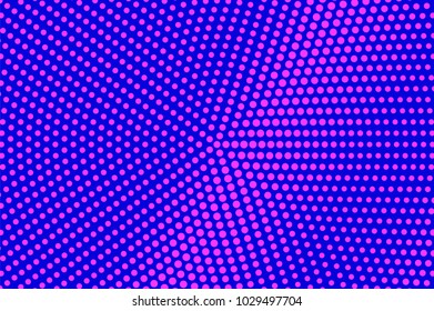 Blue pink dotted halftone. Radial grungy dotted gradient. Half tone vector background. Artificial texture. Pink dot on blue backdrop. Violet pop art design template. Glitch halftone texture