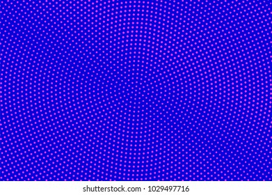 Blue pink dotted halftone. Round subtle dotted gradient. Half tone vector background. Artificial texture. Pink dot on blue backdrop. Violet pop art design template. Glitch halftone texture