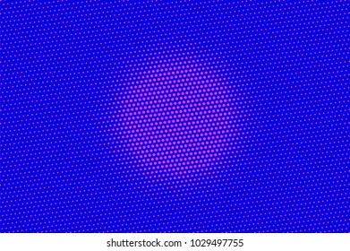 Blue pink dotted halftone. Round centered dotted gradient. Half tone vector background. Artificial texture. Pink dot on blue backdrop. Violet pop art design template. Glitch halftone texture
