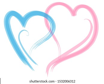 Blue and pink drawn hearts isolated on a white background.
