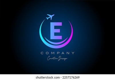 blue pink E alphabet letter logo with plane for a travel or booking agency. Corporate creative template design for business and company