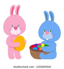 Blue and pink Easter bunnies with chocolate eggs.