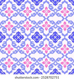 Blue and pink embroidery, motif ethnic ikat seamless textile illustration, print striped ornament, pattern, design for wrapping, silk, scarf, clothing, background, textile, carpets, curtains, etc.