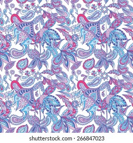 Blue and Pink Ethnic Pattern | Seamless texture with fresh indian paisley and floral ornaments for fabric, wallpaper and designs, spa salons and travel business