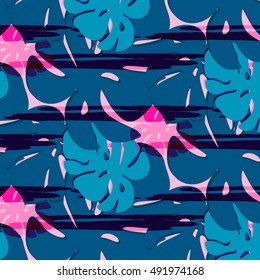 Blue pink exotic floral tropical palm vector. Abstract nature summer print. Trendy fashion illustration, colorful color cover, nature on pink background
