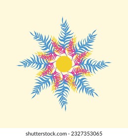 Blue and pink feather floral symmetry radial vector illustration