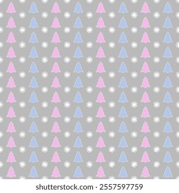 blue and pink fir-trees, white snowflakes. gray winter repetitive background. vector seamless pattern. fabric swatch. wrapping paper. design template for greeting card, textile
