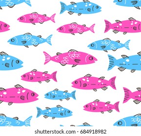Blue and pink fish seamless background