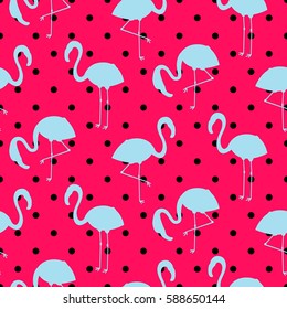 Blue and pink flamingo silhouette dotted pattern vector. Girlish glam seamless bright pop art retro background.