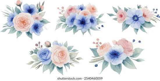 Blue Pink Floral Arrangement Watercolor Illustration