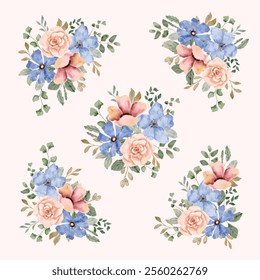 blue pink floral arrangement watercolor collection