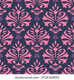 A blue and pink floral damask patterned fabric with a pink flower in the center. The pink flowers are scattered throughout the design, creating a sense of whimsy and playfulness