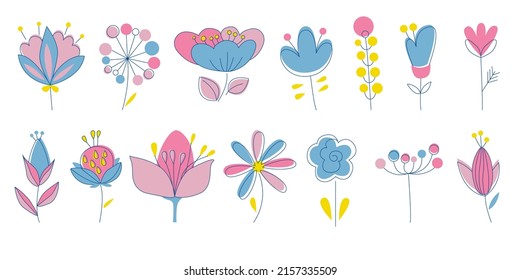 Blue pink floral design elements. Spring tulips peony chamomile decorative pattern. Three color line art floral print. Vector illustration set of decorative flowers