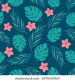 Patrón floral azul y rosa con hojas de palma verde y flores tropicales rosas.