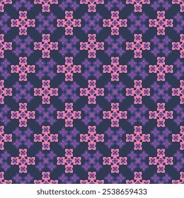 Un patrón floral azul y rosa con flores moradas. El patrón se compone de cuadrados y triángulos para el fondo, la tela, la materia textil, la moda, el Fondo de pantalla, la boda, el Anuncio, la etiqueta engomada, la decoración etc.